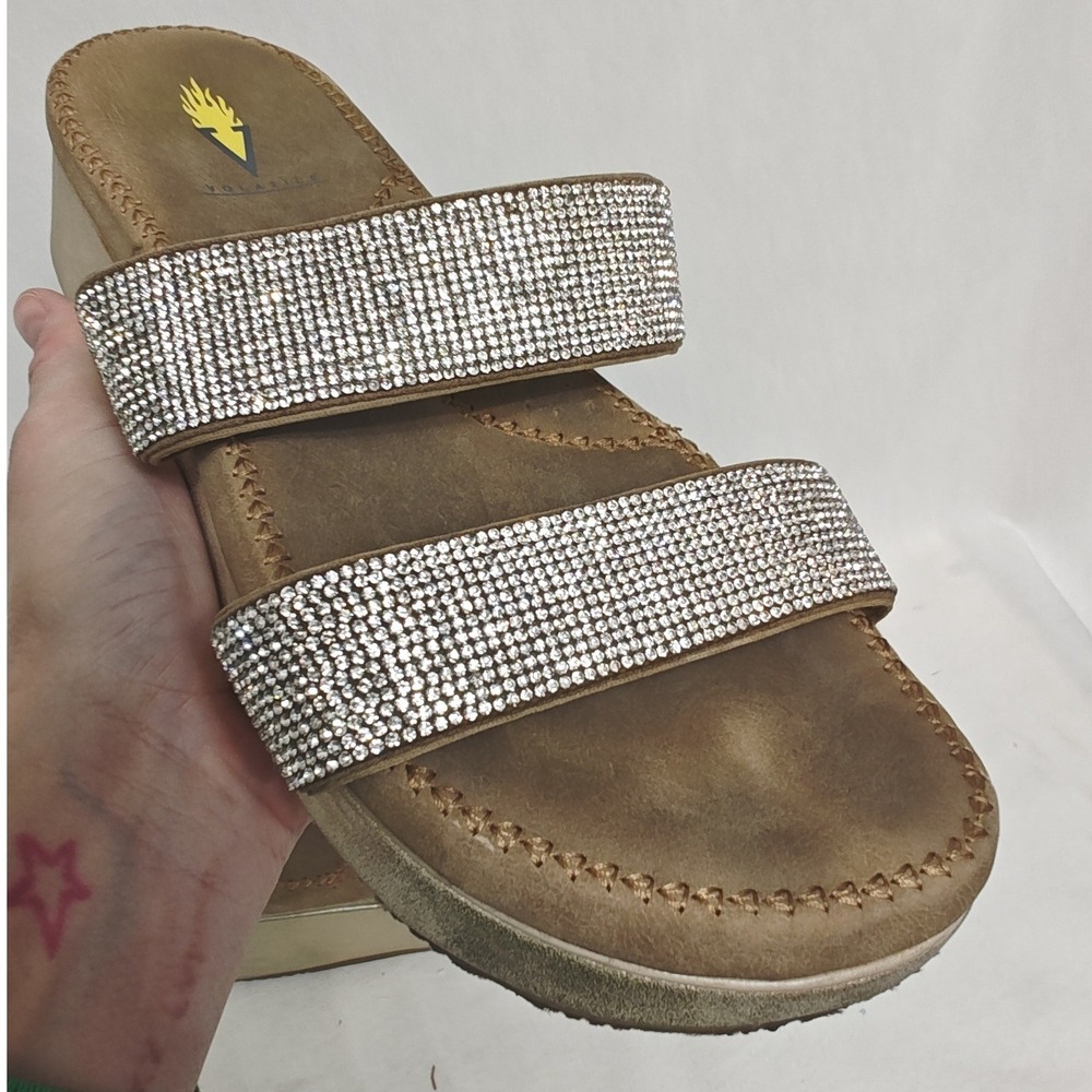 Volatile Sandals Tan Rhinestone Double Strap Platform Wedge Size‎ 7 - Picture 7 of 10